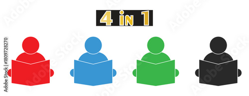 Education and Reading Person Icon Collection, Student with Open Book Symbol, Learning and Knowledge