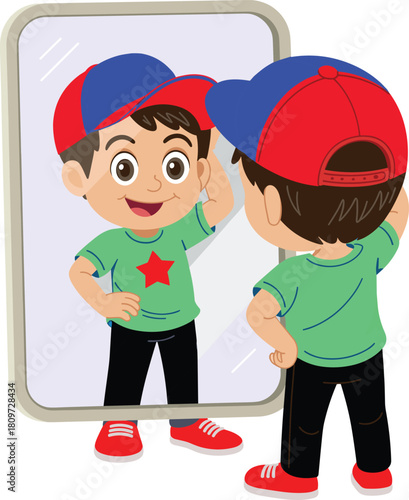 Cute cartoon boy looking in mirror, child adjusting cap, confident kid reflection illustration, playful children character art, self-image concept scene