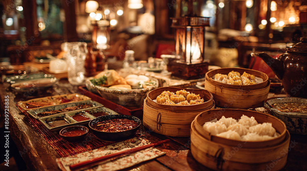 Fototapeta premium Siomay dimsum served family-style on a large wooden table, several bamboo baskets, dipping sauces, chopsticks, cozy restaurant atmosphere, warm ambient lighting