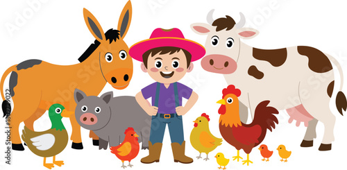Cute cartoon farmer boy with farm animals, friendly livestock illustration, happy child on farm, cow pig donkey chicken duck scene