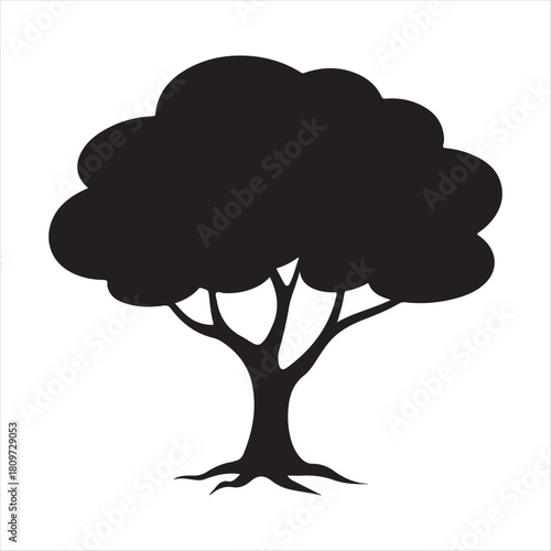 Silhouette of a lush tree with full canopy on white background