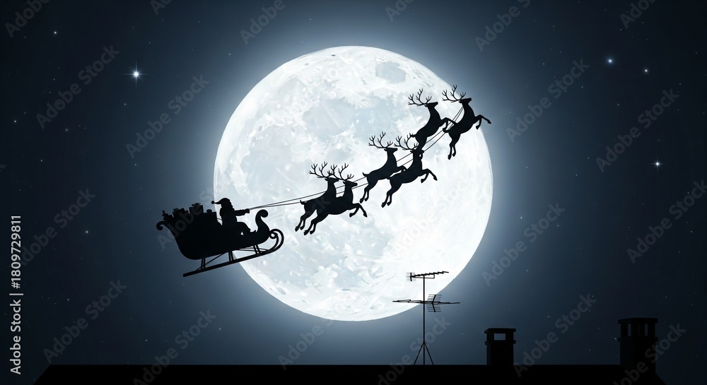 Naklejka premium Magical Santa Claus silhouette flies across the night sky with reindeer, delivering gifts under the moonlight, a heartwarming holiday scene of joy