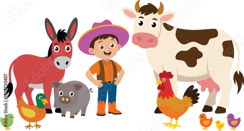 Cute cartoon farmer boy with farm animals, friendly livestock illustration, happy child on farm, cow pig donkey chicken duck scene