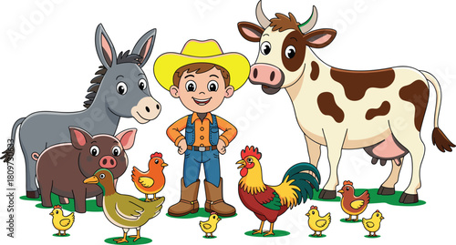 Cute cartoon farmer boy with farm animals, friendly livestock illustration, happy child on farm, cow pig donkey chicken duck scene