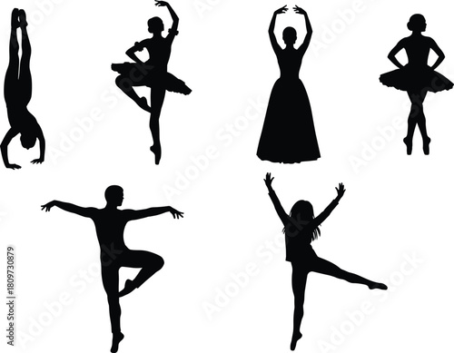 Dance, silhouette, ballet, gymnast, pose, motion, elegance, black, figure, style, grace, expressive, choreography, jump, tutu, arabesque, handstand, dress, movement, flexibility