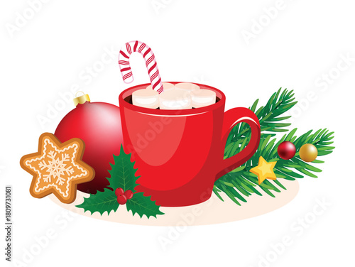 Christmas hot chocolate with marshmallows in a red mug vector illustration. Hot cocoa drink with marshmallows and candy cane icon set. Hot chocolate drink and christmas decoration drawing