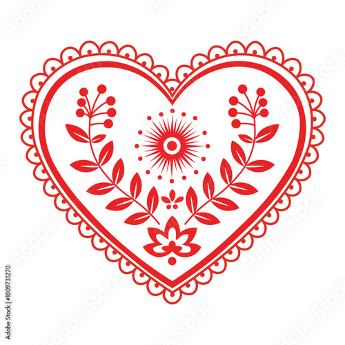 Red folk art heart with floral design and traditional scalloped border