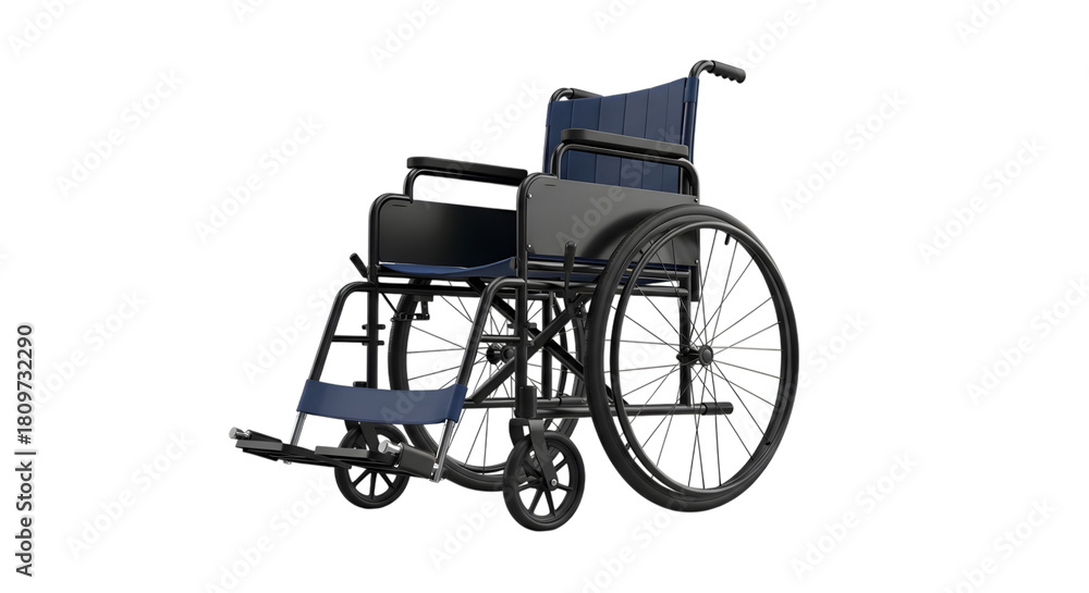 Fototapeta premium A blue and black manual wheelchair with large spoked rear wheels and smaller front casters isolated on a transparent background