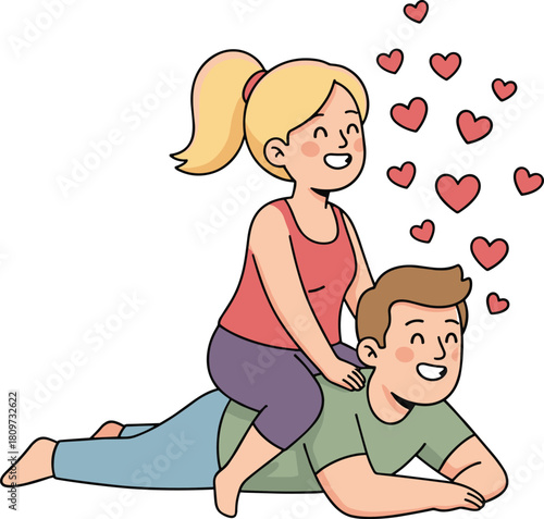 Cartoon couple massage illustration, romantic relaxation, love therapy, happy relationship, emotional bonding, wellness care, vector art for affectionate lifestyle concepts