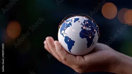 A hand holds a globe, symbolizing global connectivity and communication, with glowing lines representing connections across continents.