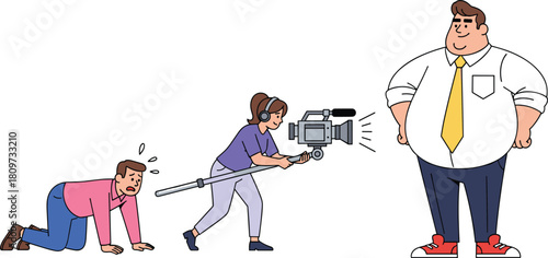 Cartoon filming scene with exhausted character, confident presenter, video crew, storytelling concept, media production, emotional contrast, vector illustration for creative content