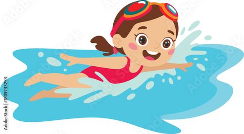 Happy cartoon girl swimming in water, playful child swimmer illustration, summer activity, fun kids sport, bright aquatic artwork for education
