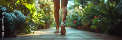 Woman walking through botanical garden set against blurred natural background, walking as exercise, fitness walking, stylish footwear, healthy lifestyle, garden walkway