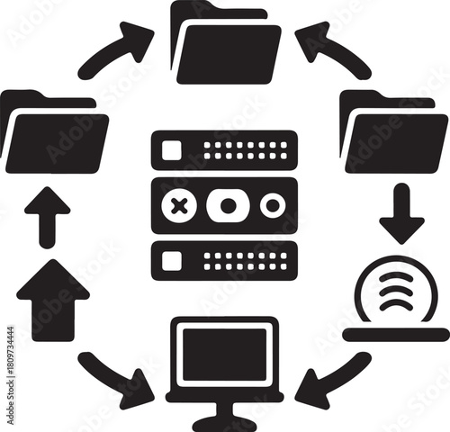 Data backup and restore concept using folders, arrows, and servers. Flat black silhouette editable vector illustration
