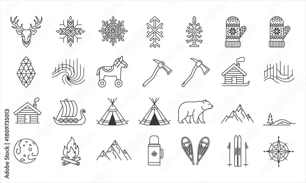 Fototapeta premium Ultra-thin Scandinavian geometric Christmas glyph set with Nordic stag crest, woven snowflake, rune tree, mitten pattern, pine cone and cabin emblem