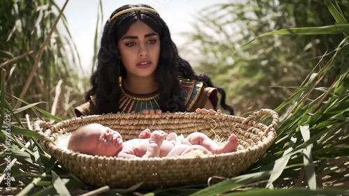 Woman discovers infant baby in basket hidden in reeds. Historical scene, could be biblical or ancient era