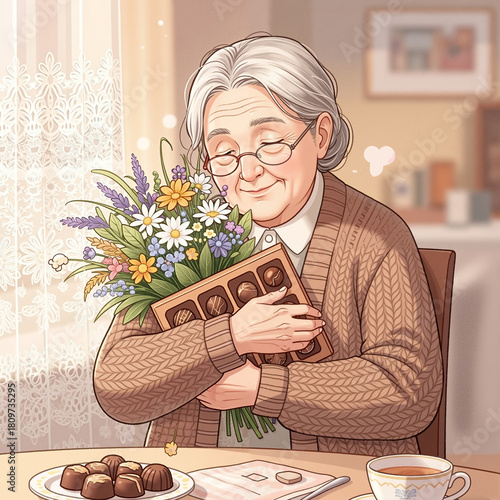 An elderly woman hugs a box of chocolates and a bouquet of wildflowers. Her face radiates love and gratitude.