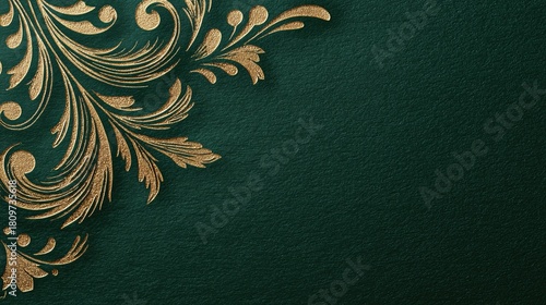Christmas decorative background: textured dark green backdrop with ornate gold swirl pattern—luxurious festive holiday design for wallpaper, poster, banner