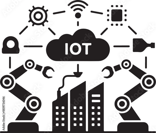 Industrial IoT factory automation diagram with robotic arms and cloud. Flat black silhouette editable vector illustration