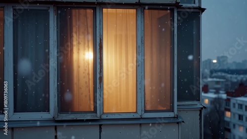 Snow drifting past old apartment window, soft golden room light glowing against cold glass, distant city shapes blurred outside, slow atmospheric shot, quiet winter loneliness