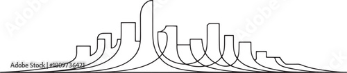 Abstract black and white graphic representation of interconnected curved and rectangular shapes