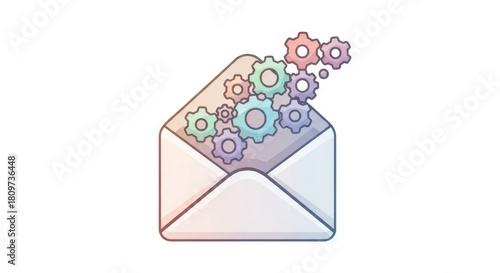 Pastel colored gears emerging from a symbolic envelope represent processing and communication