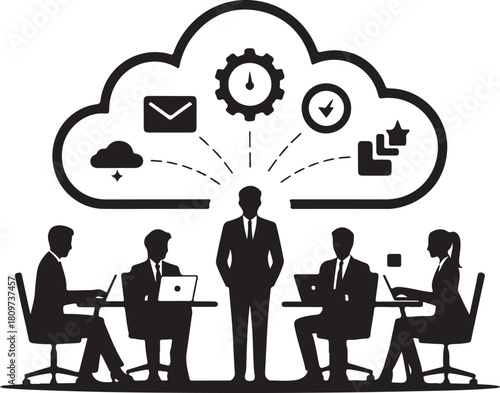Modern flat-design business team collaborating in cloud workspace. Flat black silhouette editable vector illustration