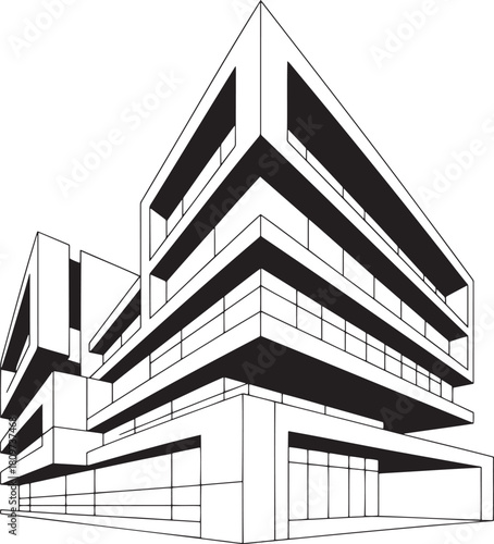 Black and white line art vector illustration of a modern angular building with multiple levels and balconies