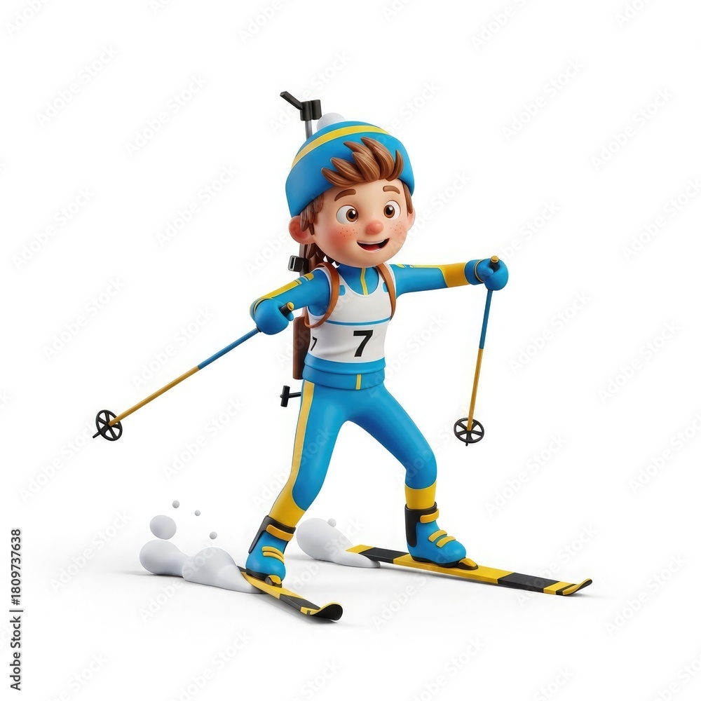Obraz premium A cartoon female biathlete races through the snow on skis with poles and a rifle, demonstrating determination and energy in the Winter Olympic sport
