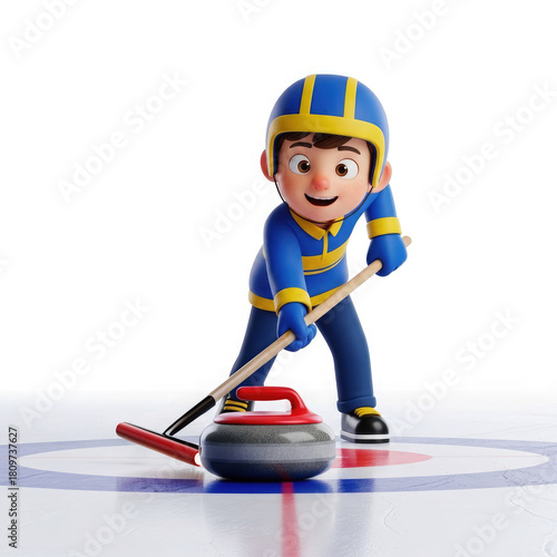 Smiling cartoon athlete playing curling on a skating rink wearing blue and yellow uniform, Olympic winter sport