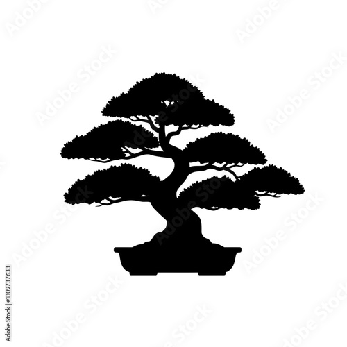 A clean black vector silhouette of a graphic art bonsai.