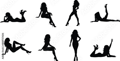 Human silhouette vector, body pose collection, black figure illustration, sitting standing lying posture, artistic shape design, gesture reference art