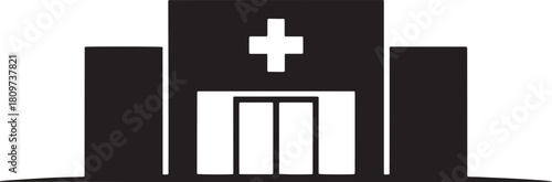 Black and white vector graphic of a hospital building with a cross symbol medical healthcare 1