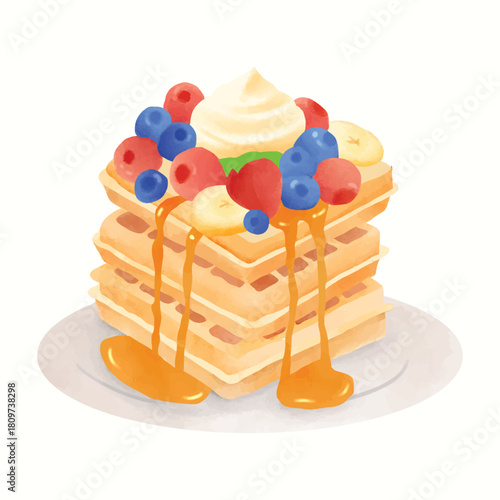 Delicious realistic looking waffle in watercolor illustration style. Waffle for breakfast vector isolated clipart for menu, cafe, restaurant, food poster