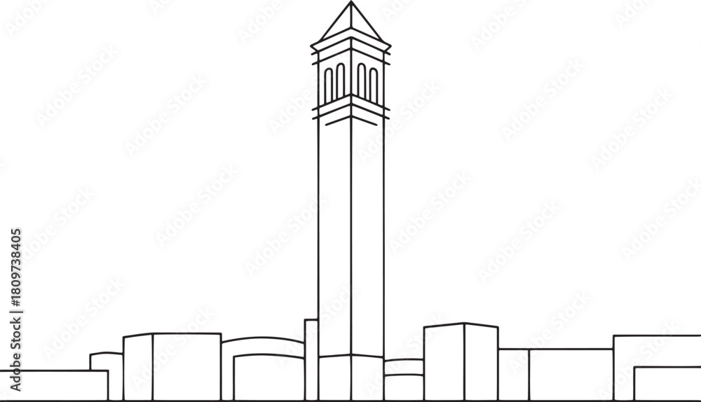 Obraz premium Black outline of a tall clock tower with surrounding buildings against a white background architecture