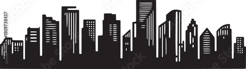 Black silhouette cityscape with diverse building shapes and window details white buildings