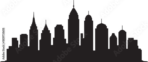 Black silhouette of a city skyline with diverse building shapes and heights white