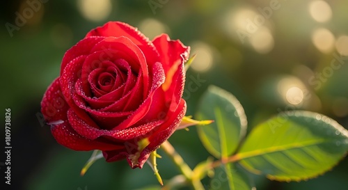 Vibrant Red Rose Covered in Dew with Green Leaves in Natural Light