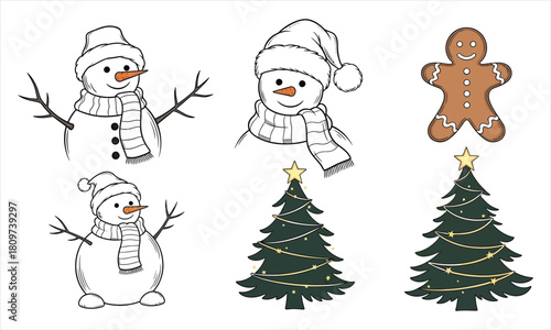 Soft curved Christmas icon set with gentle snowman, warm scarf, floppy santa hat, twinkling tree and smooth gingerbread silhouette on white background