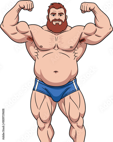 Cartoon muscular man flexing arms, bodybuilding character illustration, fitness vector art, comic-style strong male, exaggerated muscles, blue shorts, beard