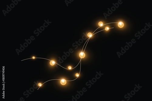 Christmas tree lights with warm, bright yellow bulbs on a transparent background. Festive lights for overlaying on a dark or light background.