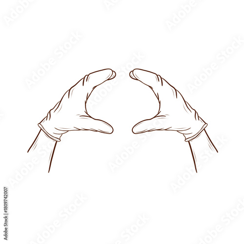 Two hands in latex gloves, positioned as if holding a burger. Vector illustration in a line art style, brown lines, isolated on a white background. Suitable for menus, packaging, logos, fast food