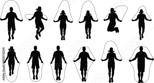Jump rope silhouette, fitness vector design, cardio workout pose, black figure illustration, exercise motion art, training activity shape, healthy movement
