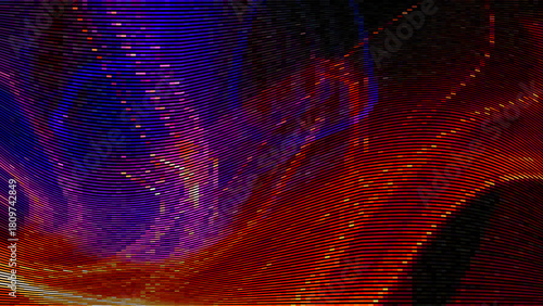 Glitch abstract background with distortion effect, bright dynamic waves, red and blue color lines for design concepts, wallpapers, presentations, posters, prints and web. Vector illustration.