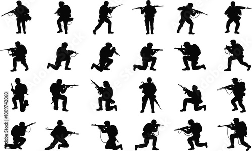 Silhouettes of armed soldiers, tactical combat poses, military rifle stances, battlefield motion, war fighters in action, black figures, defense illustration, army training reference