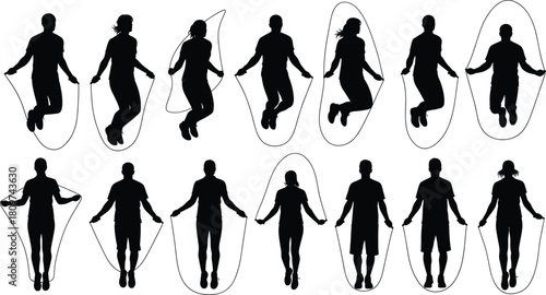 Jump rope silhouette, fitness vector illustration, cardio workout pose, black figure design, exercise motion art, healthy activity shape, training concept