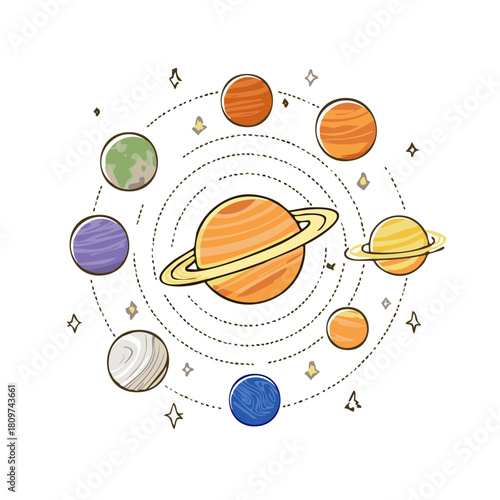 Colorful hand drawn solar system illustration with planets orbiting a central ringed planet in space