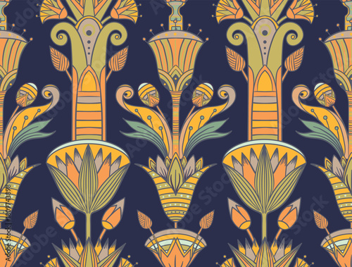 Seamless vector pattern of an ancient Egyptian lotus flower. Hand-drawn retro design in earthy tones, inspired by Egyptology and traditional ornamental motifs. Perfect for textiles, wallpaper, and