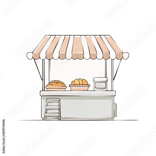 Cartoon food stall with striped awning displaying bread and baked goods