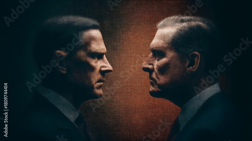 Two men in suits face each other in a tense confrontation, highlighting a dramatic moment of conflict or debate.
